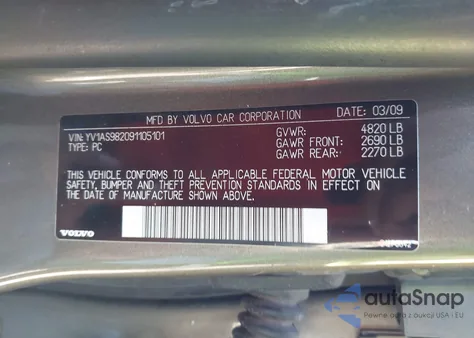 2009 Volvo S80 3.2 z USA, uszkodzony, nr VIN YV1AS982091105101